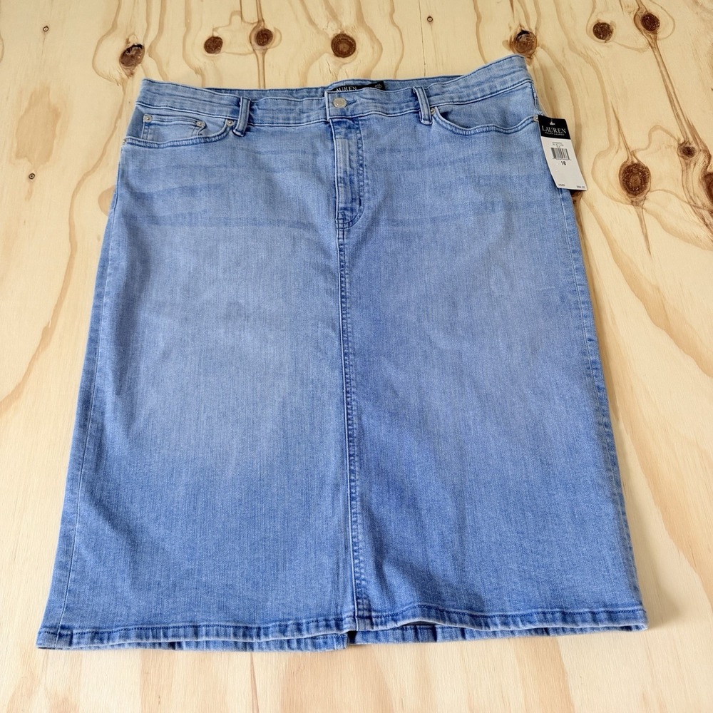 Ralph Lauren Denim Pencil Skirt Stretch Mid Rise Wash Blue Women's Size 18